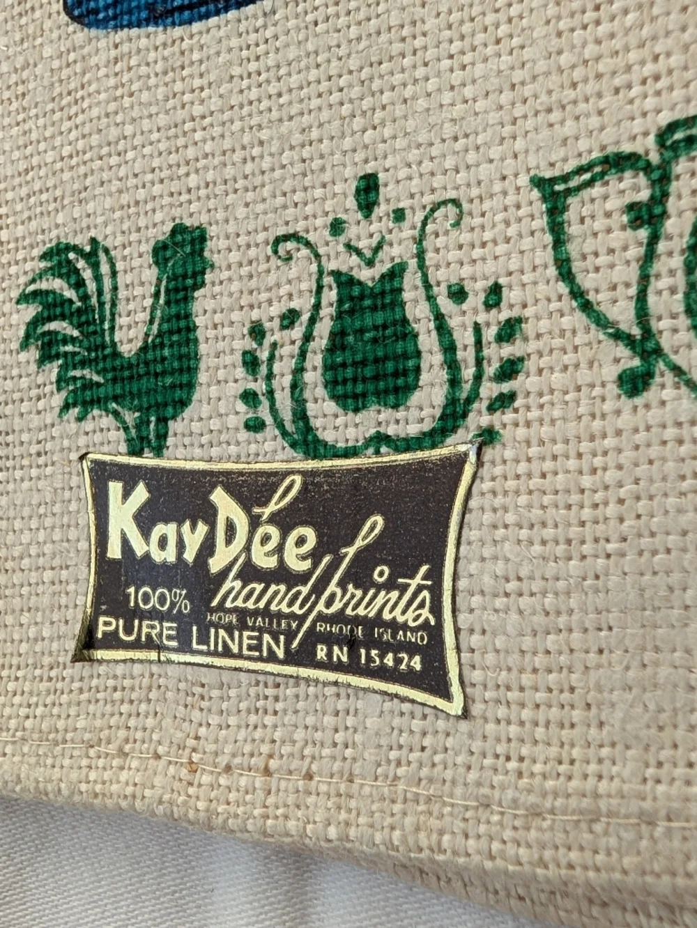 Vintage KayDee Handprints Linen Blue & Green Kitchen Towels - Rooster & Spices